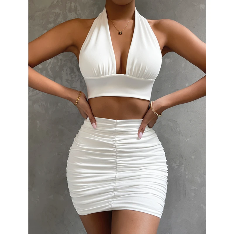 

Summer Women Party Club Outfits Solid White Halter Backless Crop Tops Ruched Wrapped Mini Skirt Sexy Clubwear Clothing Set 2022