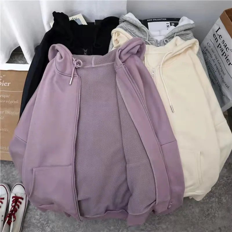 

Women hoodie Zipper harajuku Oversized White Black Grey Pink Purple Sweatshirt Autumn winter Long Sleeve Zip Up Hoodie Female