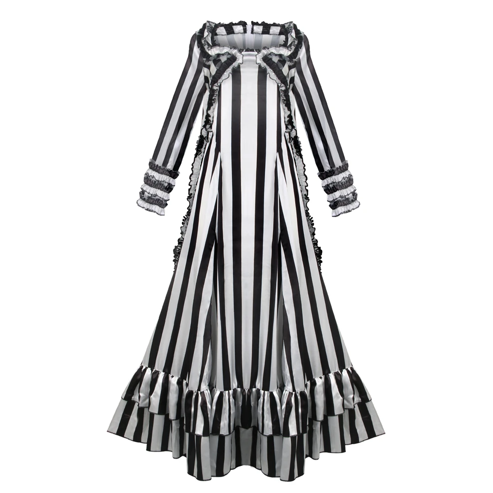 

Женский винтажный костюм Katrina, платье в черно-белую полоску с длинными рукавами, одежда для косплея на Хэллоуин