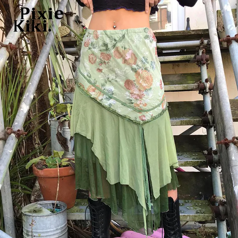 

PixieKiki Summer Y2k Irregular Hem Long Skirts for Women Rave Outfit Green Floral Print Patchwork Fairy Grunge Skirt P77-DI28