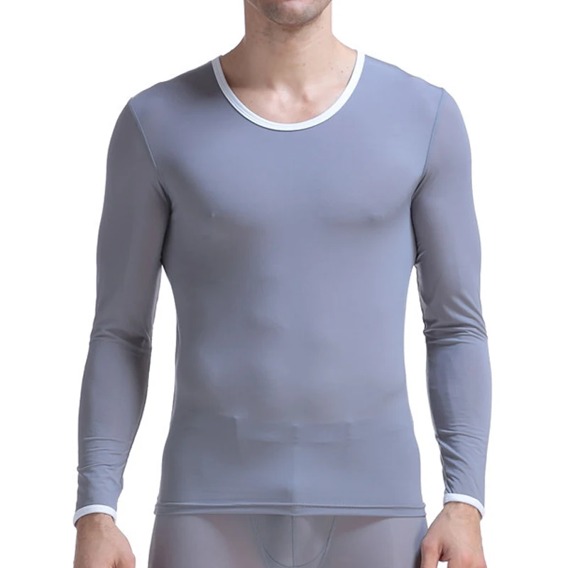 Summer Men's Undershirt Thermal Super Thin Men Ice Silk Solid Underwear Sheer T Shirts Long Johns Male Long Sleeves Tops Tees