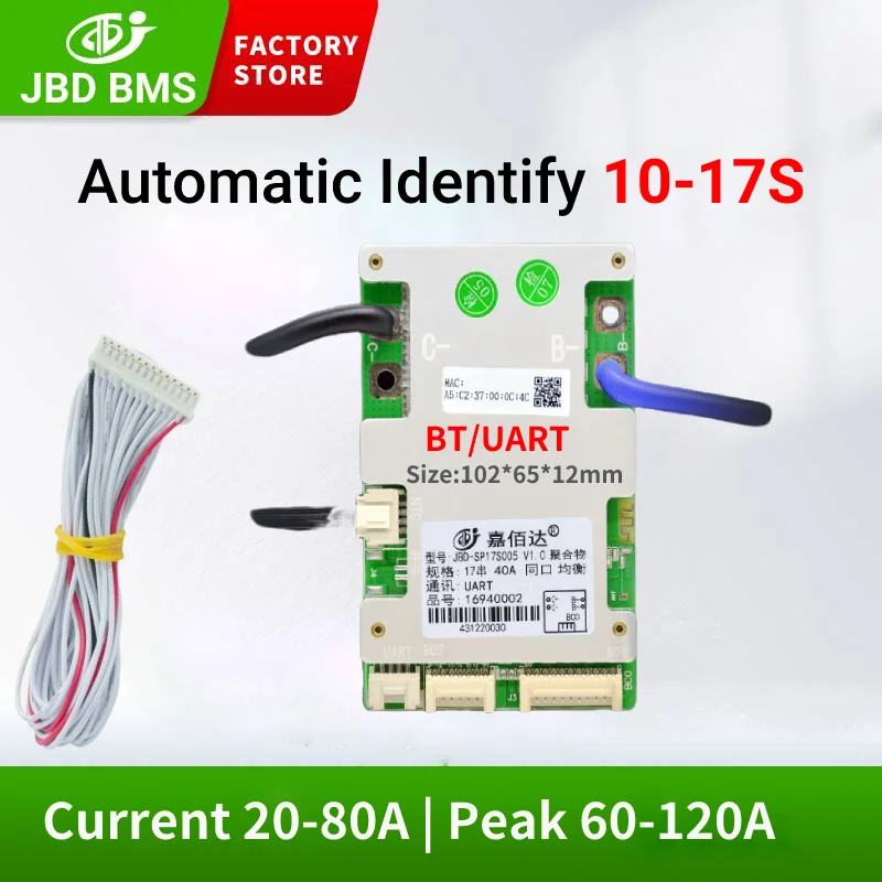 Плата аккумулятора JBD Smart BMS LiFePo4 12S 36V 16S 48V 20A 40A 50A 60A 80A Li-Ion BMS 10S 13S 14S 16S 17S Balance 18650 со встроенным BT