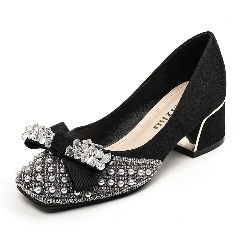 Big Size 35-43 Women Pumps 5cm Med Heel Square Toe Lady Shoes Pearls Diamonds Bowknot Design Wedding Party Fashion Shoes 628-3