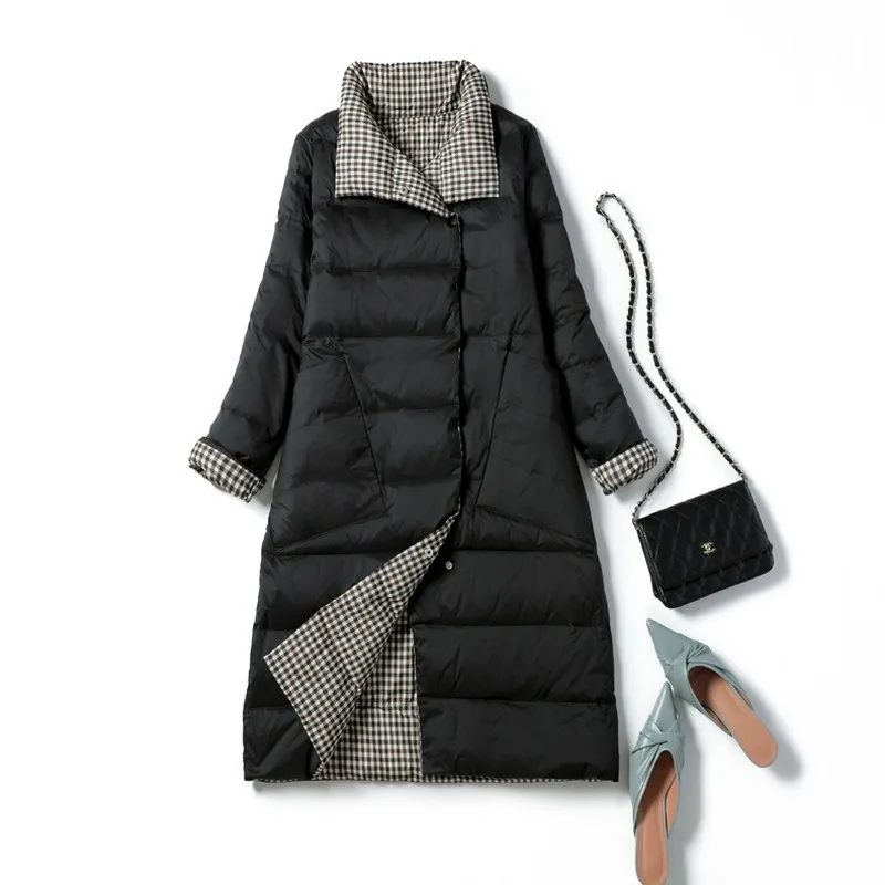 

FTLZZ Winter Women 90% White Duck Down Long Jacket Double Sided Double Breasted Snow Outwear Casual Loose Warm Coat