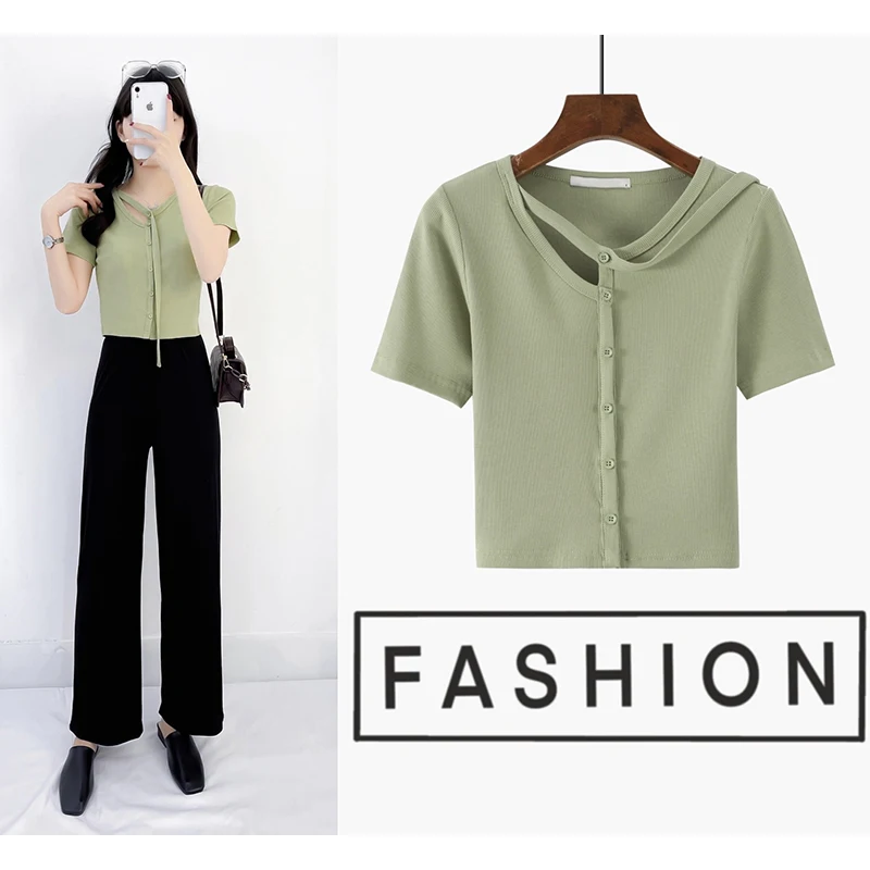 

Summer Women's T-shirt Short Sleeve Top Korean Fashion Cotton Casual Slim Fit V Neck Tees Movafag