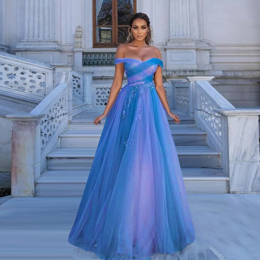 

Blue mesh maxi dress women 2022 spring new high waist big swing Bridesmaid Dresses