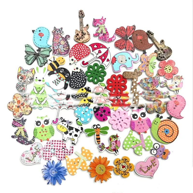 

30PCS 15-40MM 2 Holes Children's Wooden Button Cartoon Animal Flower Sewing Wood Buttons Handmade DIY Accessories Decorative