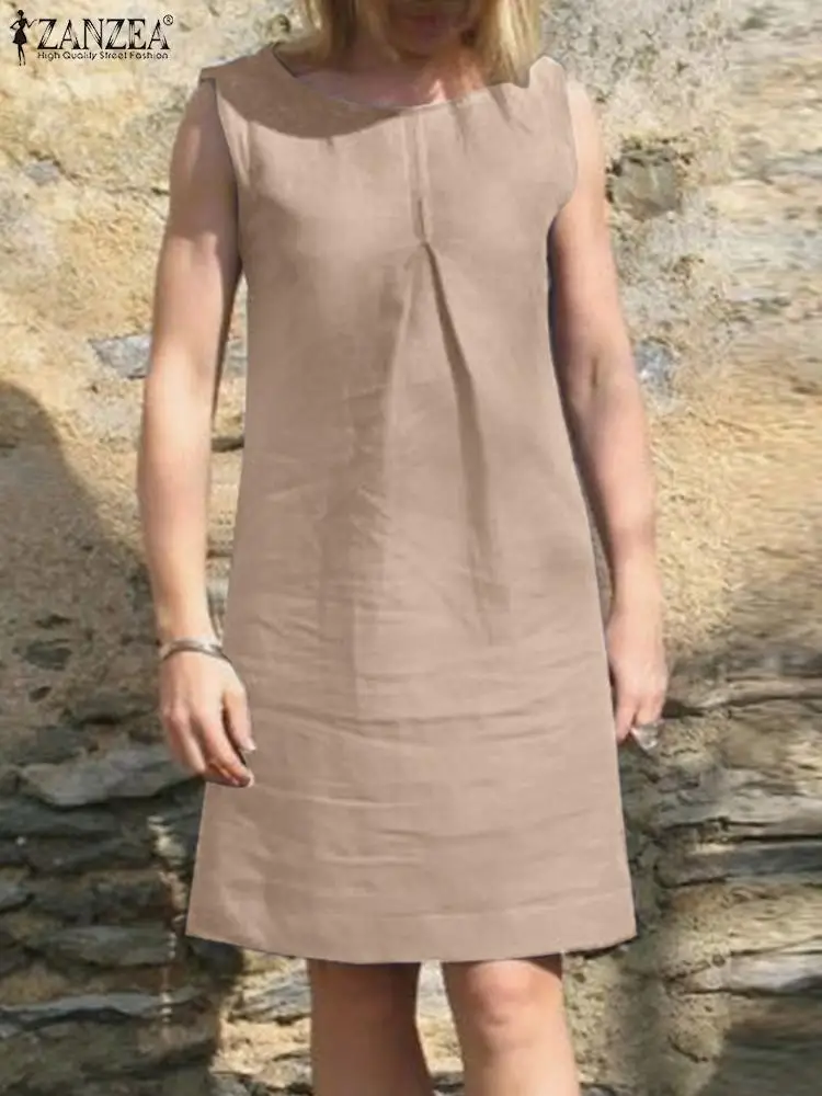 

2023 ZANZEA Summer Fashion Sleeveless Dress Femme Casual Loose Vestidos Woman O-Neck Solid Color Dresses Vintage Party Sundress