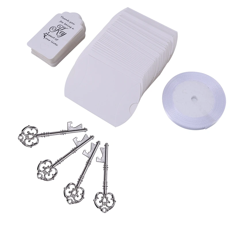 

50Pcs Vintage Skeleton Key Bottle Openers Wedding Souvenir Set Pillow Candy Box Escort Gift Card Tag French Ribbon