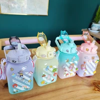 gradient matte large capacity water bottle square straw plastic water cup portable strap childrens kettle stickers