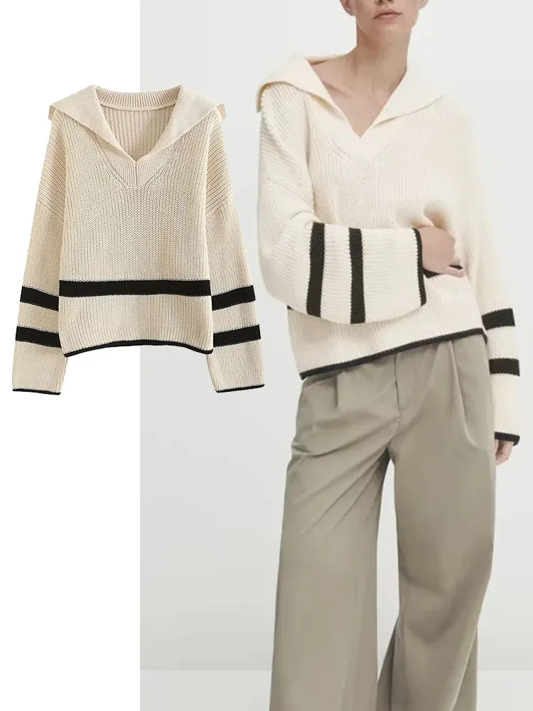 

TRAF Fashion Women Sweater Stripe Loose Long Sleeve Turn-down Collar Pullover Asymmetry Female Pullover Tops