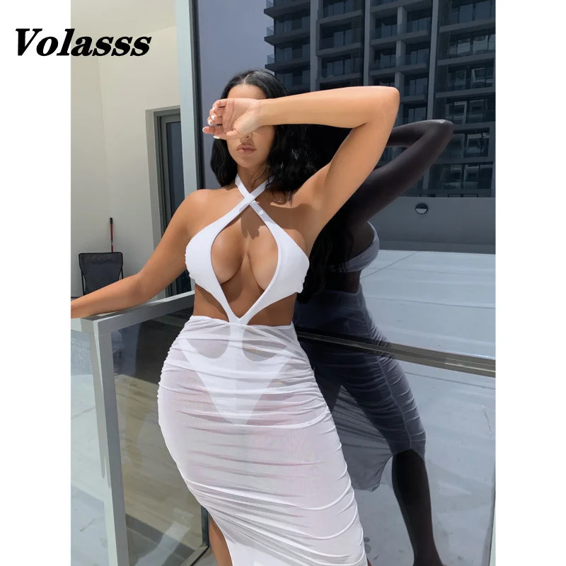 

One Piece Swimsuit Women 2022 Solid Color Yarn Skirt Bikini Sexy Bandage Swimsuit Hollow Out Bathing Suit New Backless Beachwear