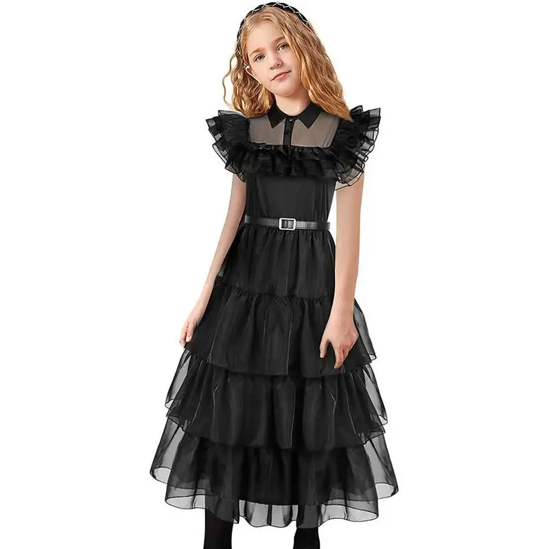 

Kids Addams Little Girl Cosplay Costume Same Dress Girls Vintage Gothic Outfits Party Dress Halloween Role Play Clothing