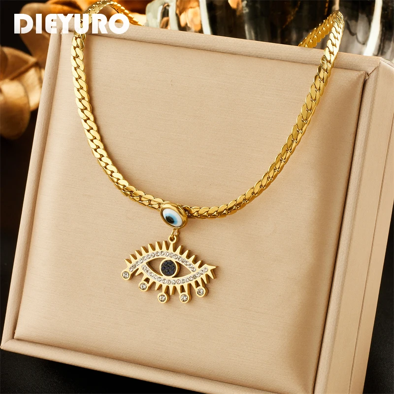 

DIEYURO 316L Stainless Steel Vintage Eye Zircon Pendant Necklace For Women Girl Fashion Choker Chain Non-fading Jewelry Gift