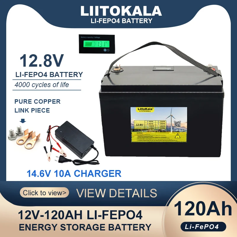 New 12.8V 120AH LiFePO4 Battery 12v Lithium Iron Phosphate Cycles inverter Car lighter Batteries 14.6V 10A Charger duty-free
