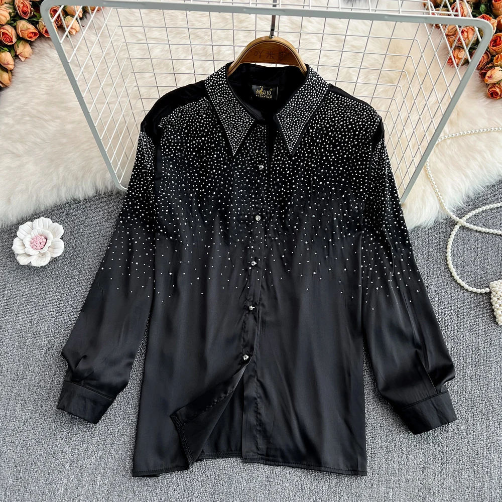 

Spring European and American Wind Flash Hot Drill Languid Lazy Loose Thin Fashion Single Breasted Blouse Female Chic Long Sleeve