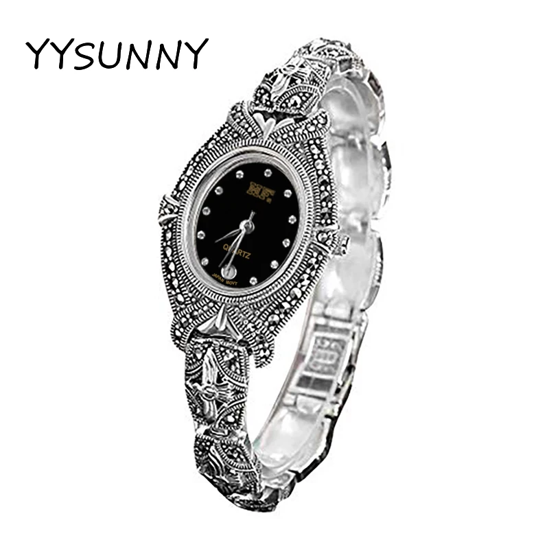 YYSUNNY Retro Women's Marcasite Pave Wrist Watch Fashion S925 Sterling Silver Bracelet for Ladies Birthday Gift Classic Jewelry