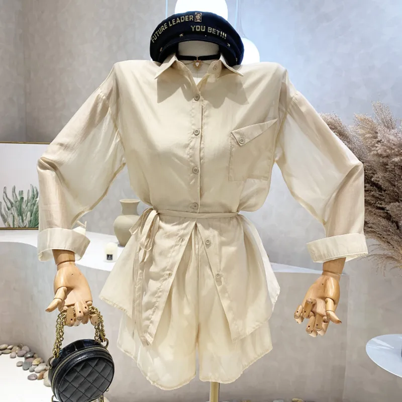 

New Women's Clothing 2022 Summer Long sleeved loose thin sunscreen Shirt Top + wide leg shorts two piece set