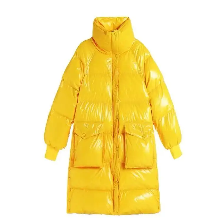 Glossy Free Wash Down Cotton Coat for Women Long Thick Warmth Stand Collar Parkas 2023 Winter New Loose Clothing Feminine S90