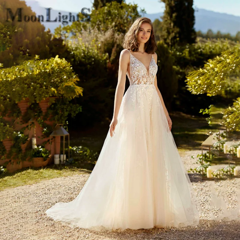 

MoonlightShadow V-neck Wedding Dresses Spaghetti Straps A-Line Sleeveless Illusion Appliques Lace Bridal Gown Vestito Da Sposa