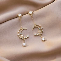 trendy exquisite moon tassel dangle earrings for women korean temperament pearl rhinestone drop earring girl party jewelry gift