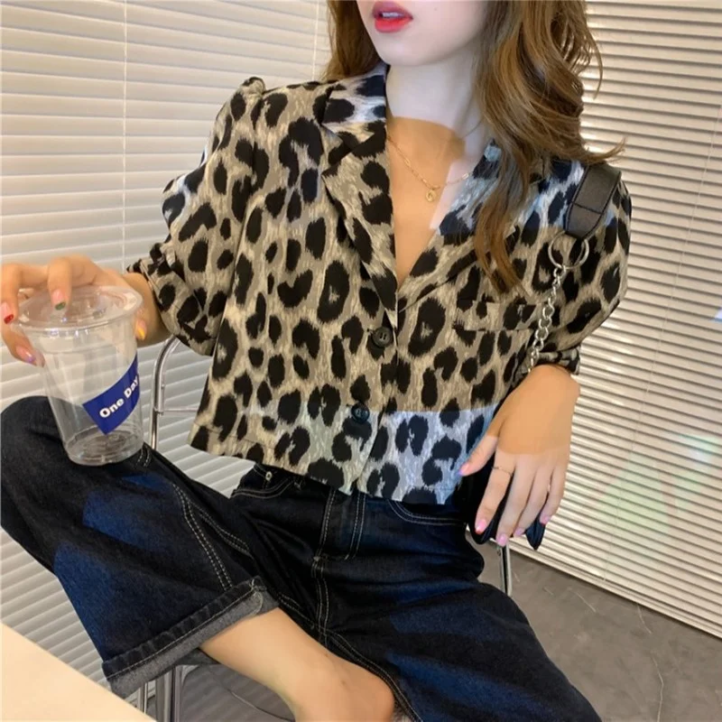 2021 Women Summer Casual Leopard Short Blazer Y2k Slim V-Neck Blazers Korean Fashion Short Sleeve Cute Suit Harajuku Clothing