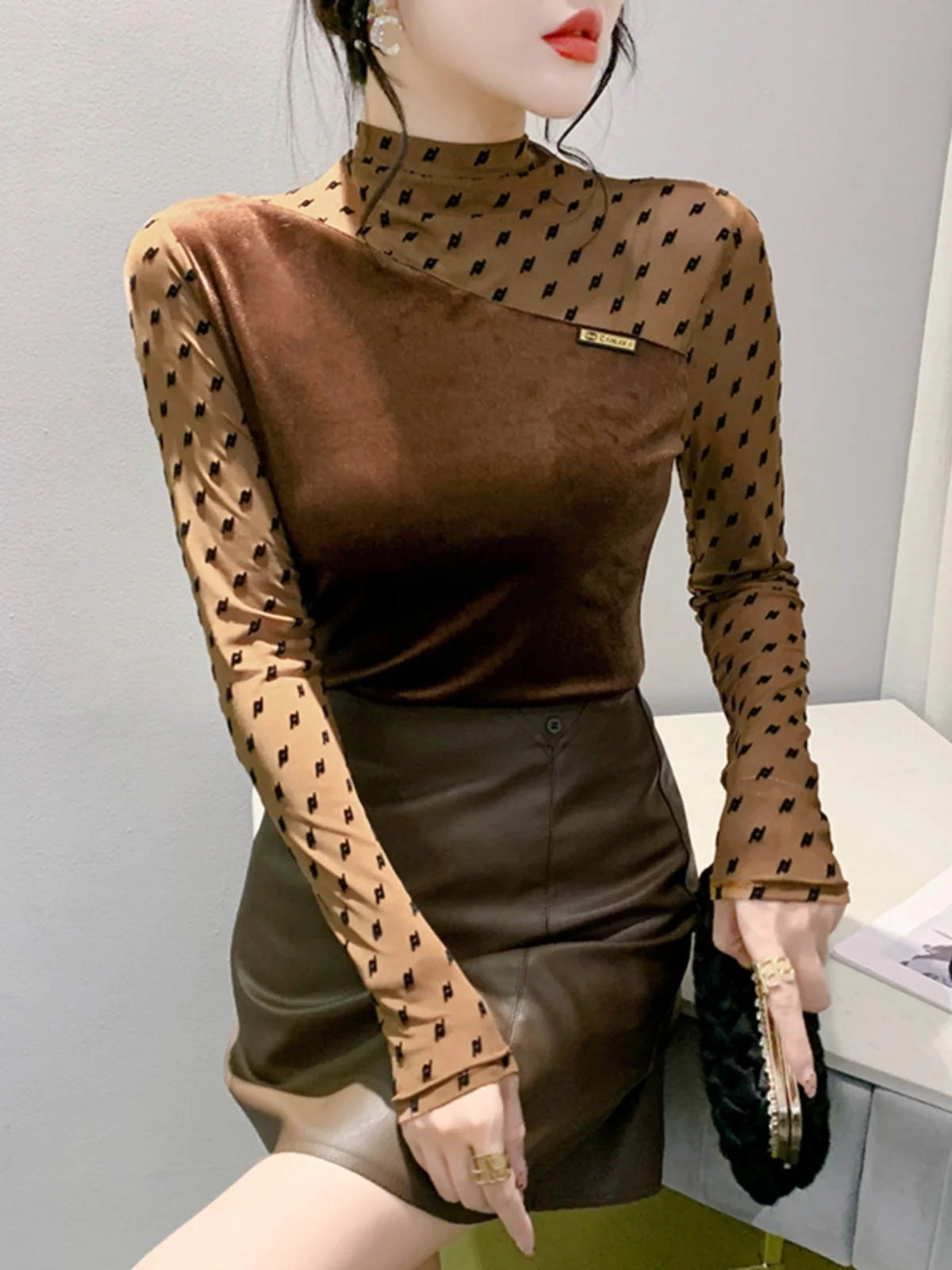 # 8992 Сетчатая велюровая футболка с длинным рукавом женская тонкая винтажная