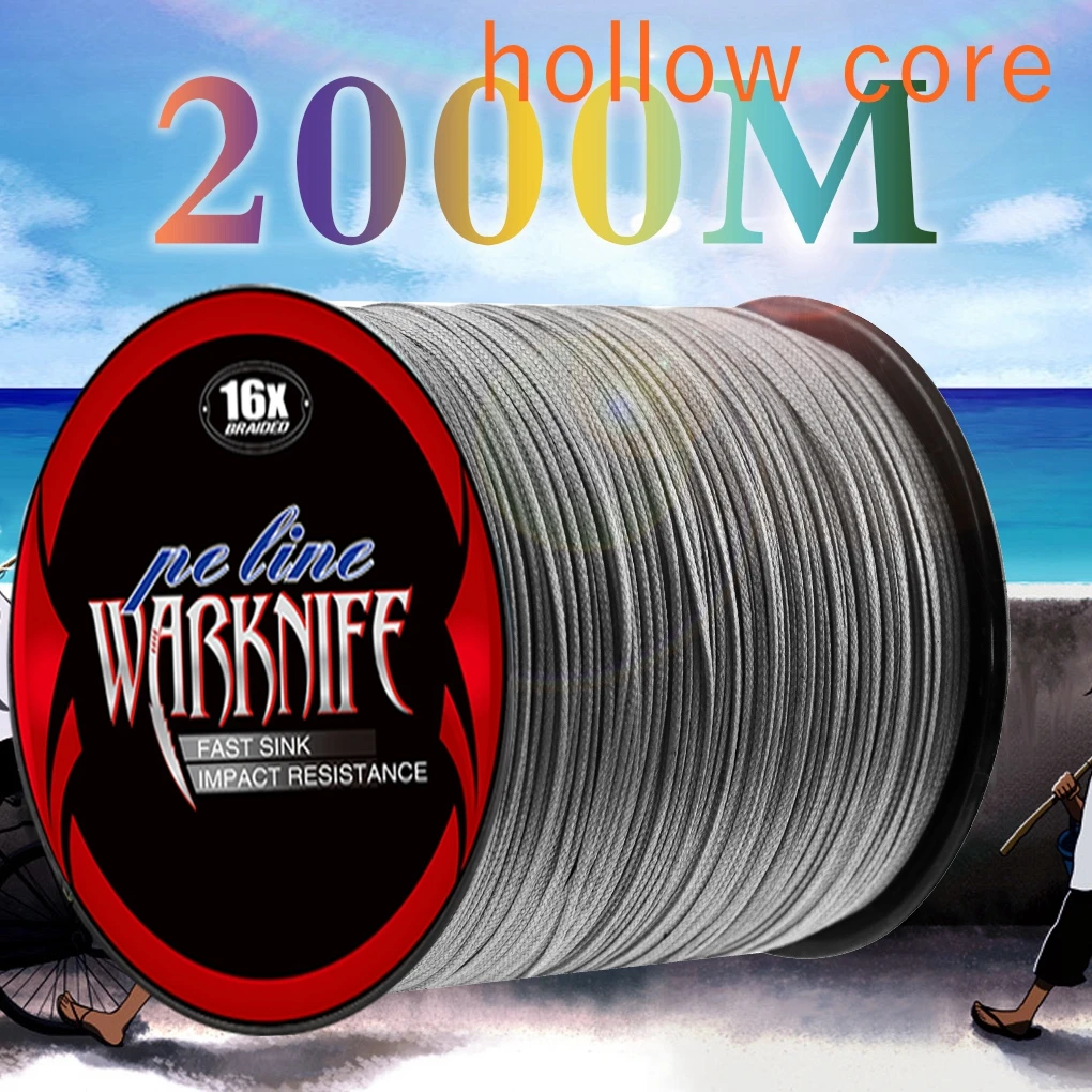 Warknife 16 Strands 100M - 2000M Hollow Core PE Extreme Braided Fishing Line 20LBs-500LBs Japan Multifilament Assist Line Gray