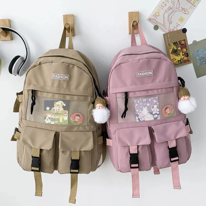 

New Net bag Panelled Waterproof nylon Women backpack Female eye-splice schoolbag for Teenage girls Double front pocket Mochilas