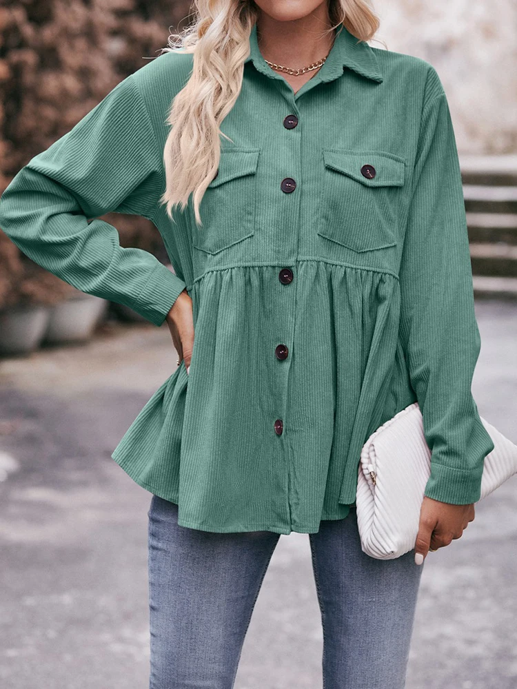 

Повседневные вельветовые Блузки для женщин, Осенние однобортные рубашки с длинным рукавом и карманами, женская модная свободная уличная одежда с отложным воротником