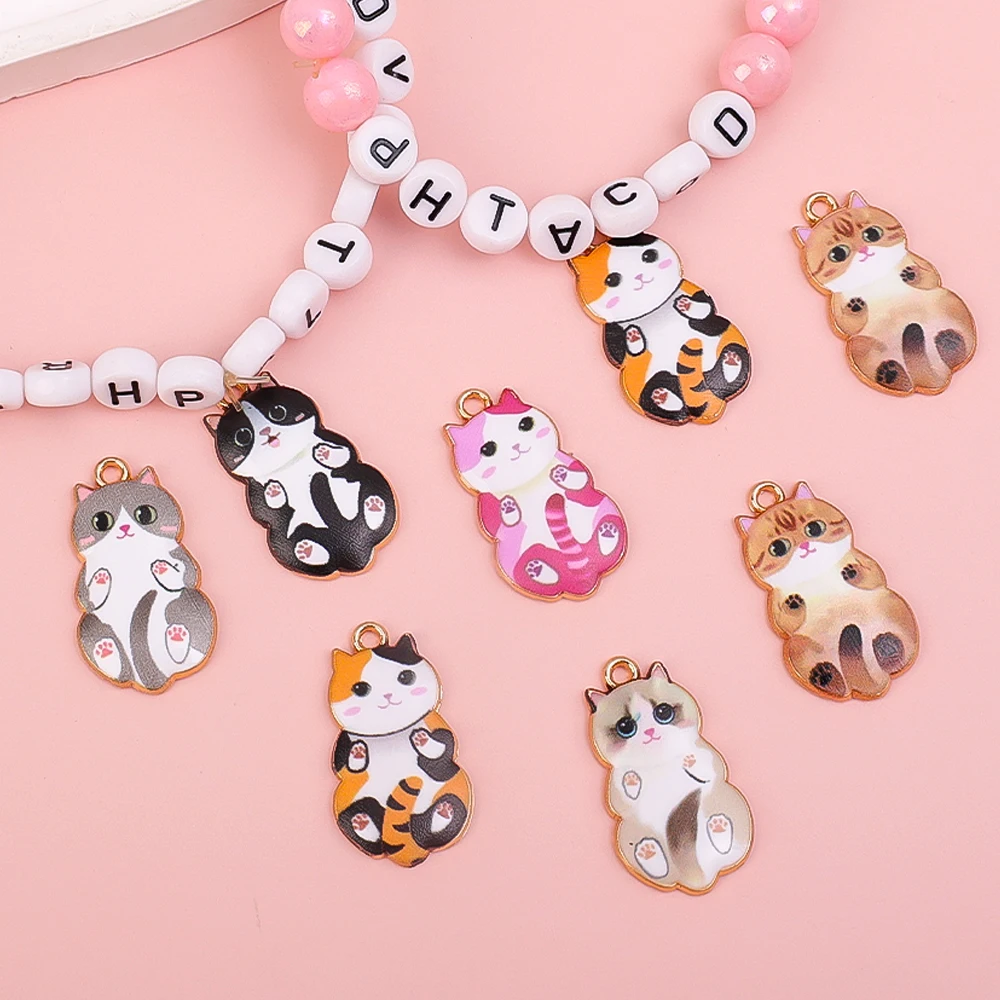 10pcs Fashion Gold Color Metal Alloy Kawaii Enamel Cat Animal Charms Pendant Fit Jewelry Making DIY Necklace Jewelry Finding
