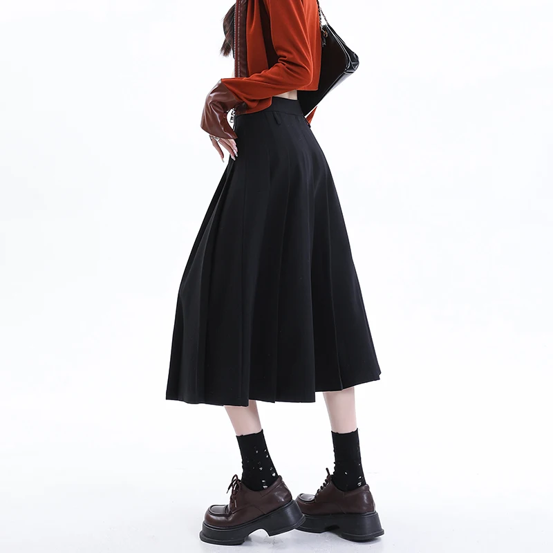 Black Pleated A-line Mid-length Skirt Women's Spring Summer American College Style High Waist Khaki Midi Short Skirt Femal