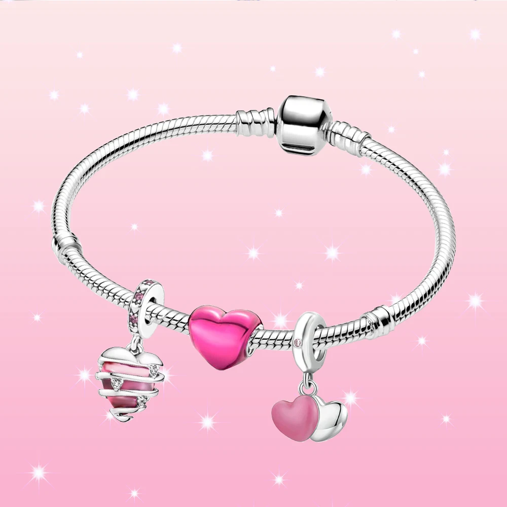 

Pink Heart Shaped Snake Chain Bracelet 925 Silver fit for Making Romantic Ladies Feast Jewelry Gift