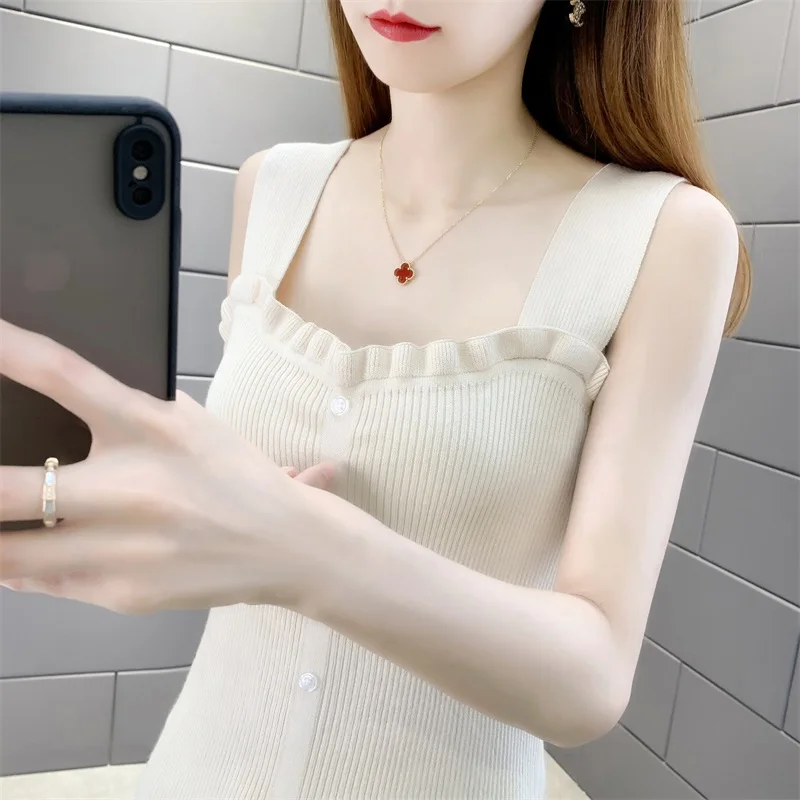 

Новинка лета, вязаный Топ на бретелях, женская короткая одежда в базовом стиле, сексуальная маленькая лямка через шею