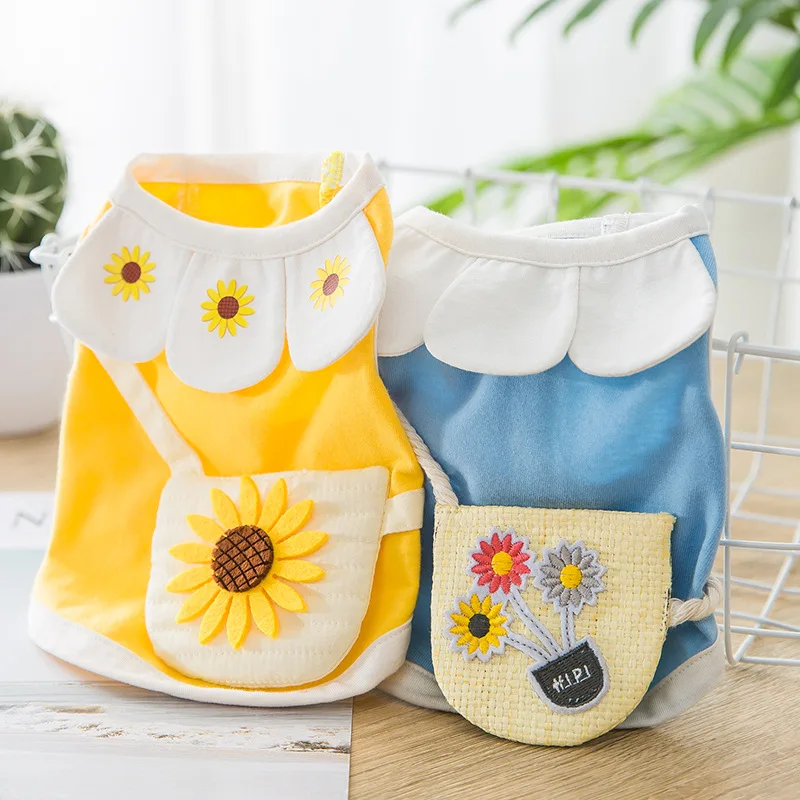 

Puppy Dog Vest for 2022 Spring Summer Thin Puppy Two-legged T-shirt with Petal Satchel Sunflower Printed Pet Kitten Cat Clothes