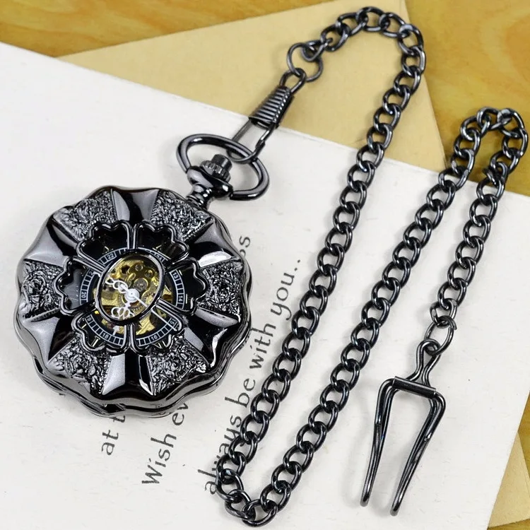 Luxury Mechanical Bronze Gold Pocket Watch for Men Women Flower Skeleton Roman Numeral Dial Fob Chain Vintage Old Pendant Clock