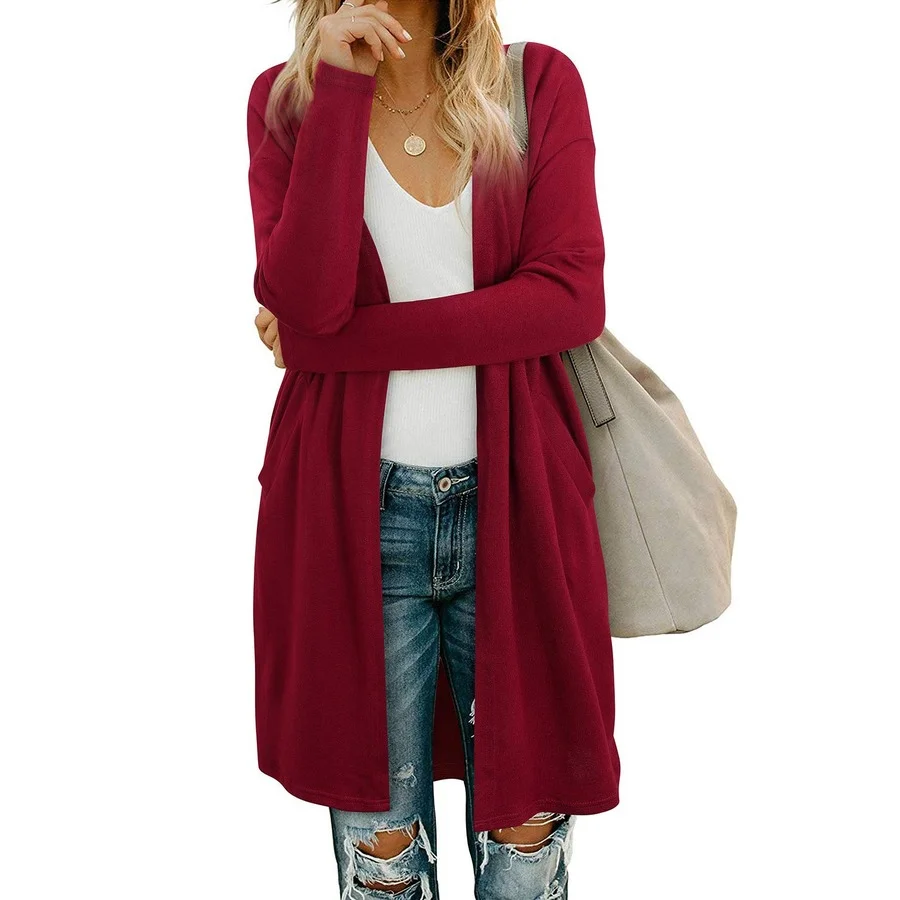 

Mandylandy Women Elegant Autumn Winter Thin Knitted Cardigan Jacket Fashion Female Long Sleeve Pocket Long Coat Outwear