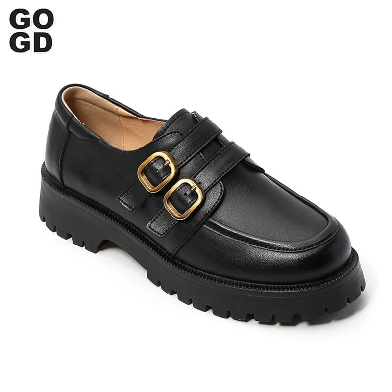 

GOGD Brand Fashion Women's Genuine Leather Pumps New 2023 Spring Platform Loafers Shoes College Student JK Buckle British Style