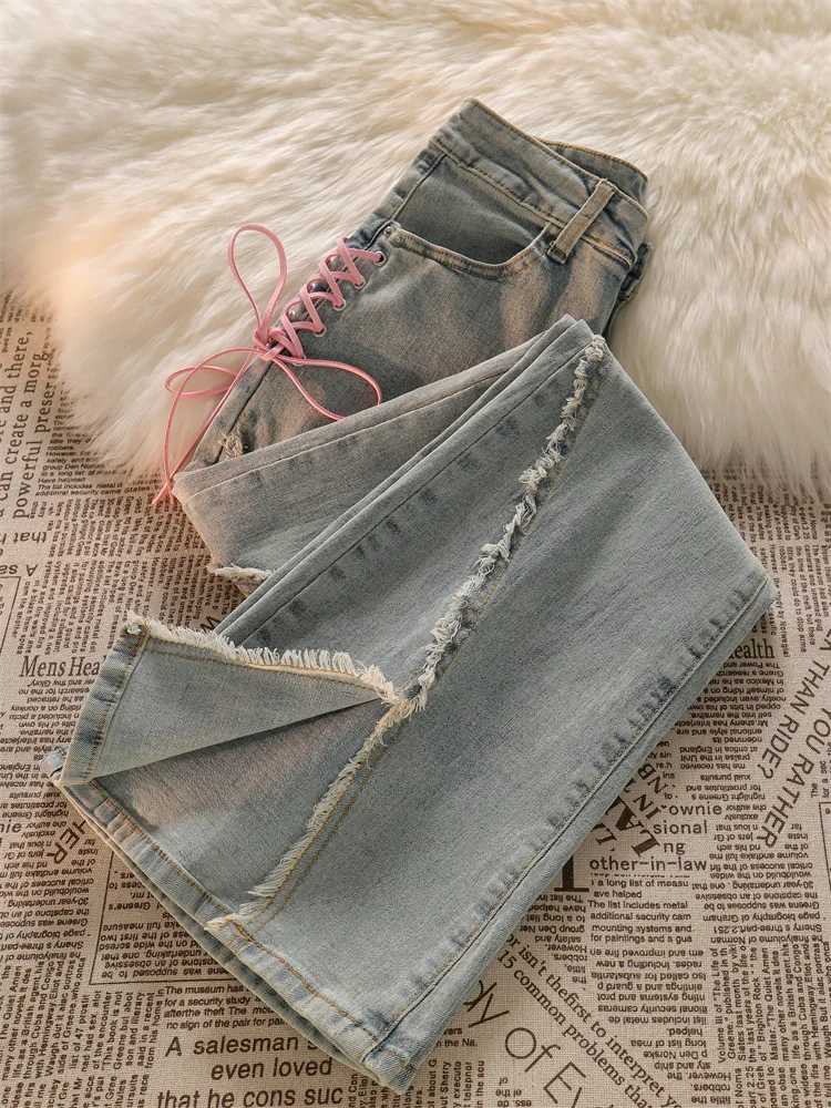 Прямые женские брюки с бантом и разрезом новинка 2024 дизайнерские облегающие