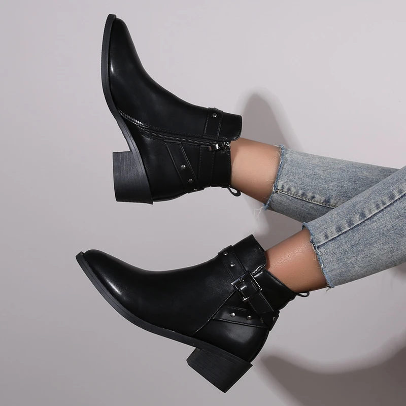 

Ladies Shoes on Sale 2023 High Quality Zip Women's Boots Fashion Rivet Office and Career Brand Solid New Round Toe Ankle Boots