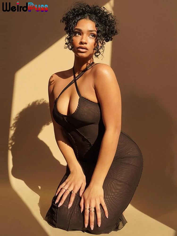 

Необычное Сексуальное Женское Платье с лямкой на шее, облегающий узкий сарафан с низким вырезом на шнуровке, элегантное вечернее облегающе...