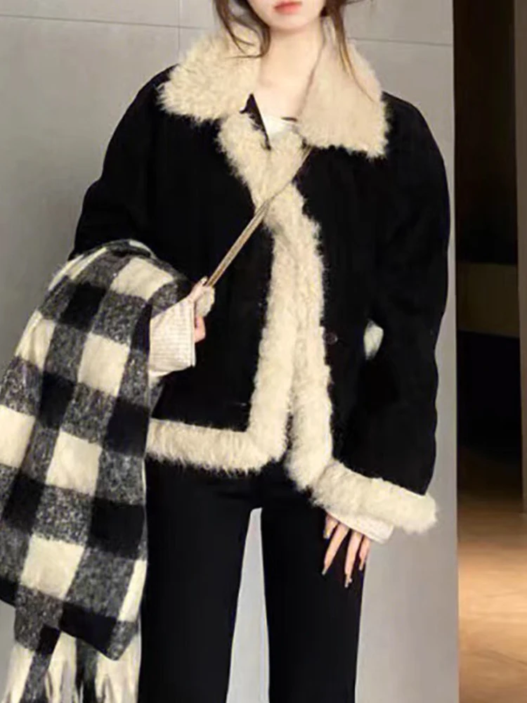 

Пальто женское из хлопка, модная плюшевая куртка в Корейском стиле из искусственной овечьей шерсти, Повседневная Свободная однобортная верхняя одежда, осень-зима