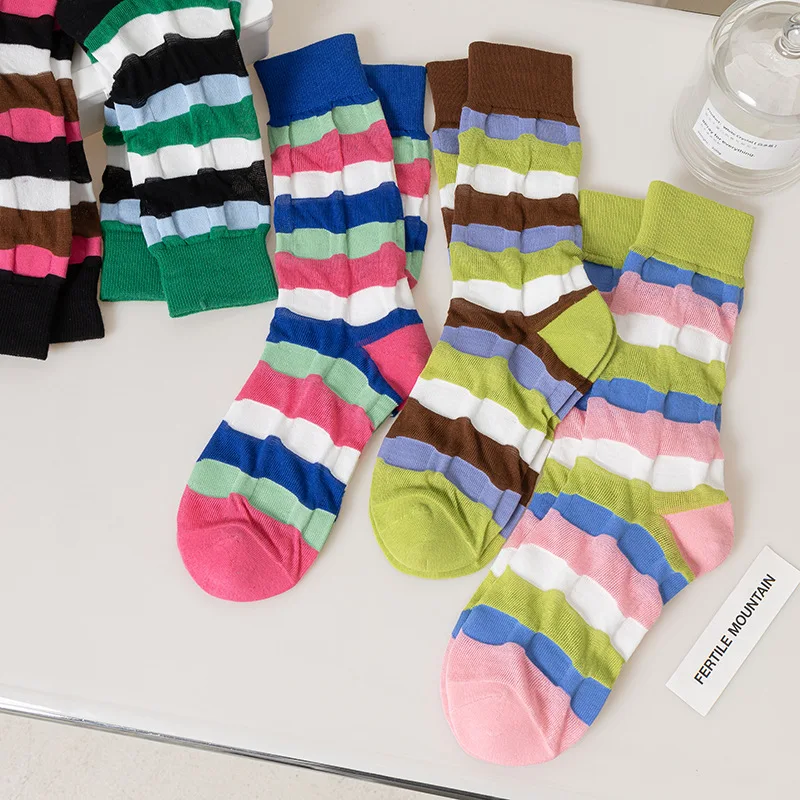 Korean Pleated Striped Mid-tube Socks Women's Contrast Color Harajuku Lantern Sock Trend Color Cotton Ins Tide Skateboard Socks