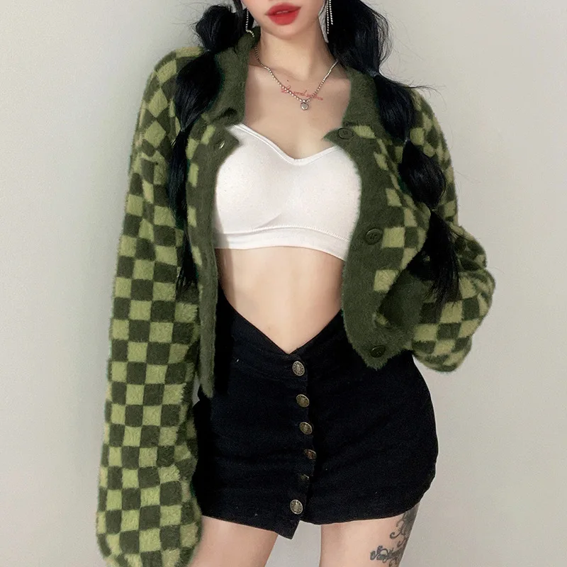

Женский вязаный свитер, зеленая Шахматная однобортная вязаная Свободная Повседневная модная куртка с лацканами, женский осенне-зимний сви...