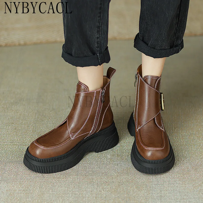 New Women Ankle Boots Fashion Design Metal Buckle Sewing Genuine Leather Thick Heels Autumn Winter Working Shoes Woman Fashion