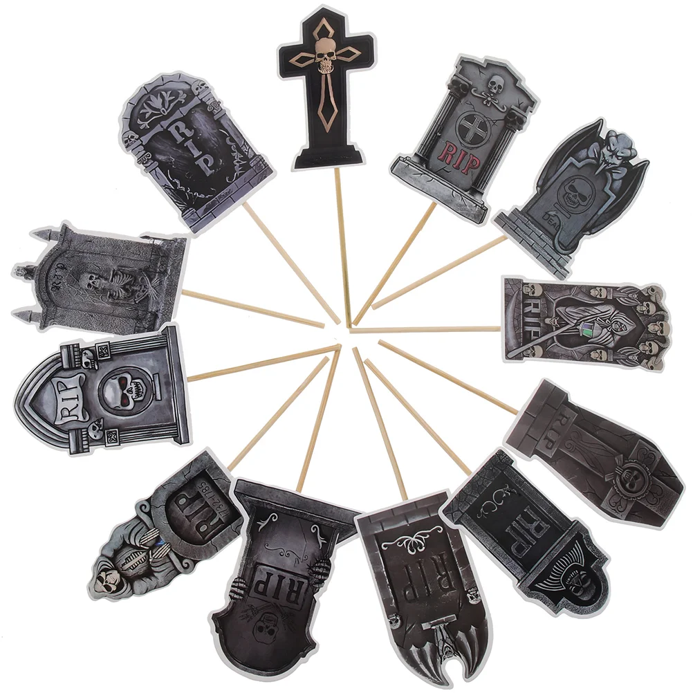 

12pcs Halloween Tombstone Cupcake Toppers Horrible Tombstones Graveyard Cake Picks