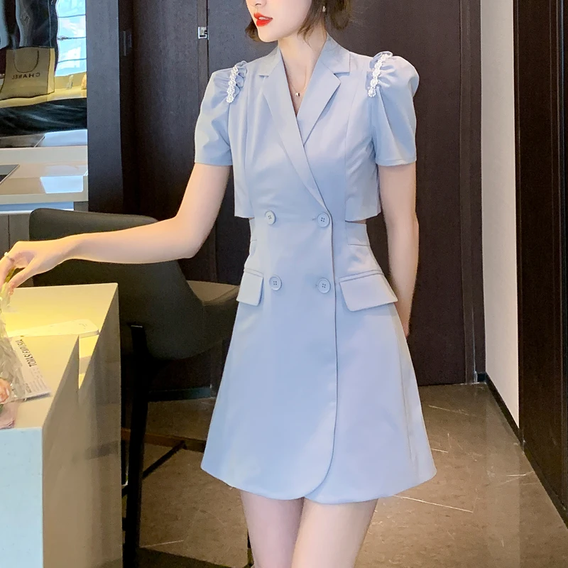

Summer Fashion Short Sleeve Double Breasted Long Blazer Dress Women Sexy Back Hollow Out Show Waist Thin Jacket Office Ladies