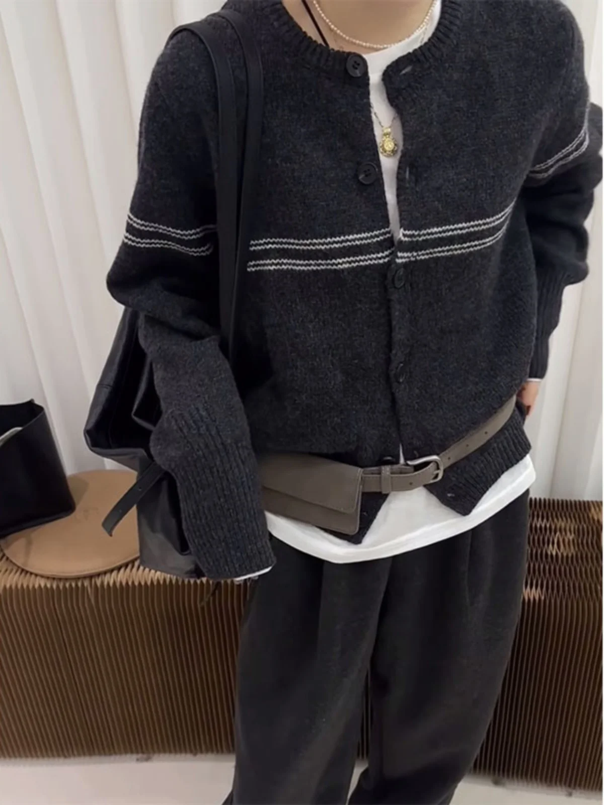 2024 Autumn Korean Series Soft Glutinous Comfortable round Neck Single Breasted Stripe Angora Knit cardigan Women All-Match S...