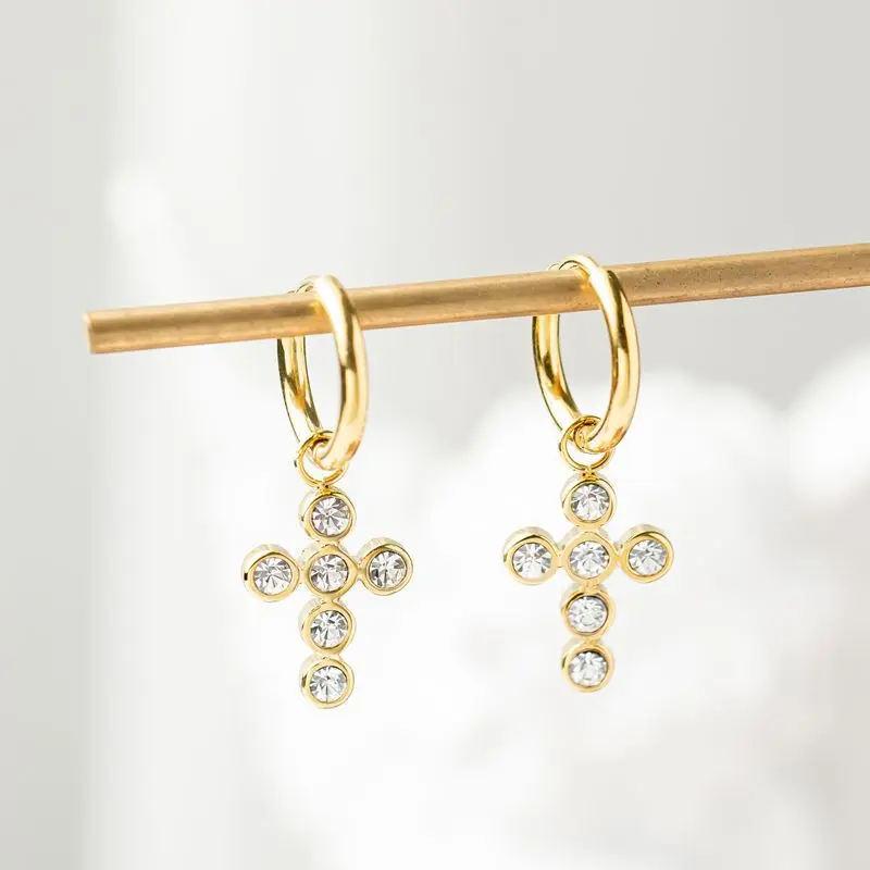 

European and American cross pendant diamond earrings ethnic style light luxury all-match titanium steel earrings