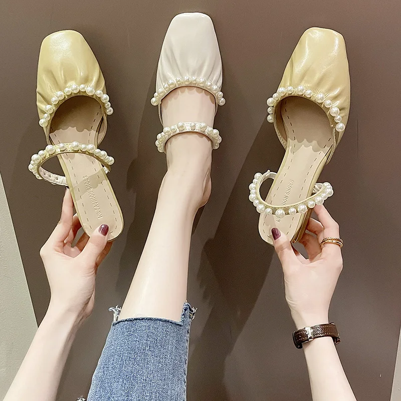 

Slippers Casual Low Female Shoes Cover Toe String Bead Slides Square heel Luxury 2022 Flat Soft Block Rubber Hoof Heels PU Fashi